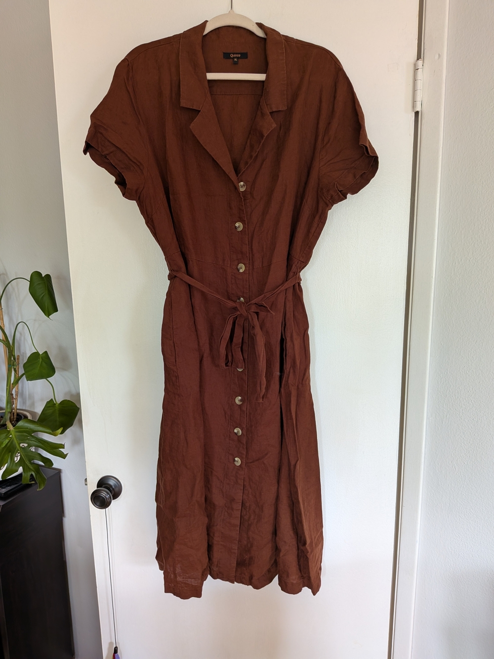 Quince Women's Button-Down Linen Midi Dress Chocolate Brown